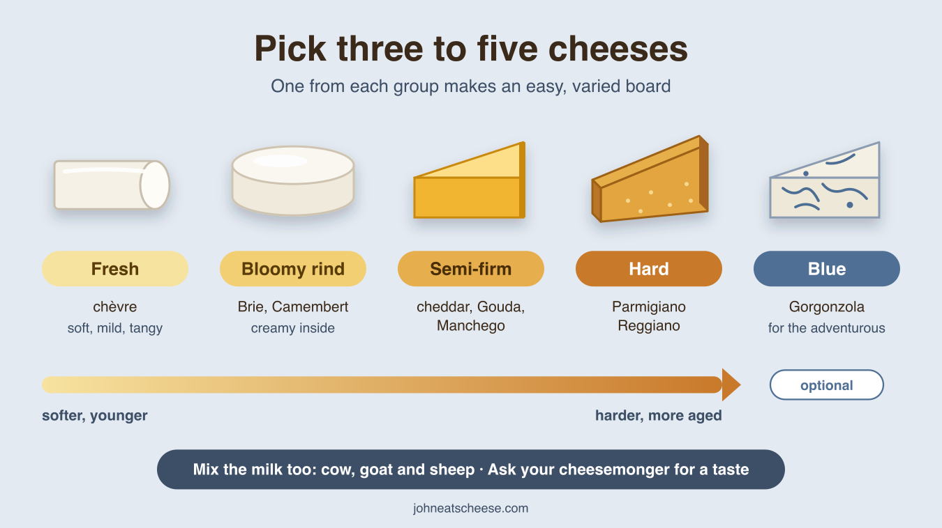 Five cheese groups from softer to harder: fresh (chèvre), bloomy rind (Brie, Camembert), semi-firm (cheddar, Gouda, Manchego), hard (Parmigiano Reggiano), and an optional blue (Gorgonzola)