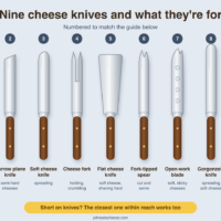 Illustrated chart of nine numbered cheese knives: 1 small spade for hard cheeses, 2 narrow plane knife for semi-hard cheeses, 3 soft cheese knife for spreading, 4 cheese fork for holding and crumbling, 5 flat cheese knife for soft cheese and shaving hard, 6 fork-tipped spear to cut and serve, 7 open-work blade for soft, sticky cheeses, 8 Gorgonzola knife for spreading soft cheese, and 9 cheese slicer for thin slices